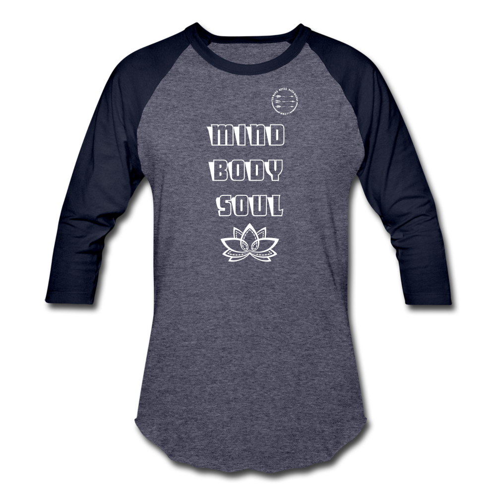 Mind Body Soul Baseball T-Shirt - heather blue/navy